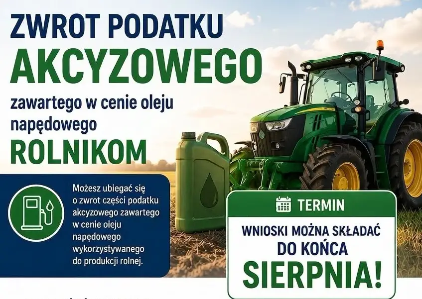 Zwrot akcyzy za olej napędowy dla rolników – informacja dla mieszkańców Gminy Lidzbark